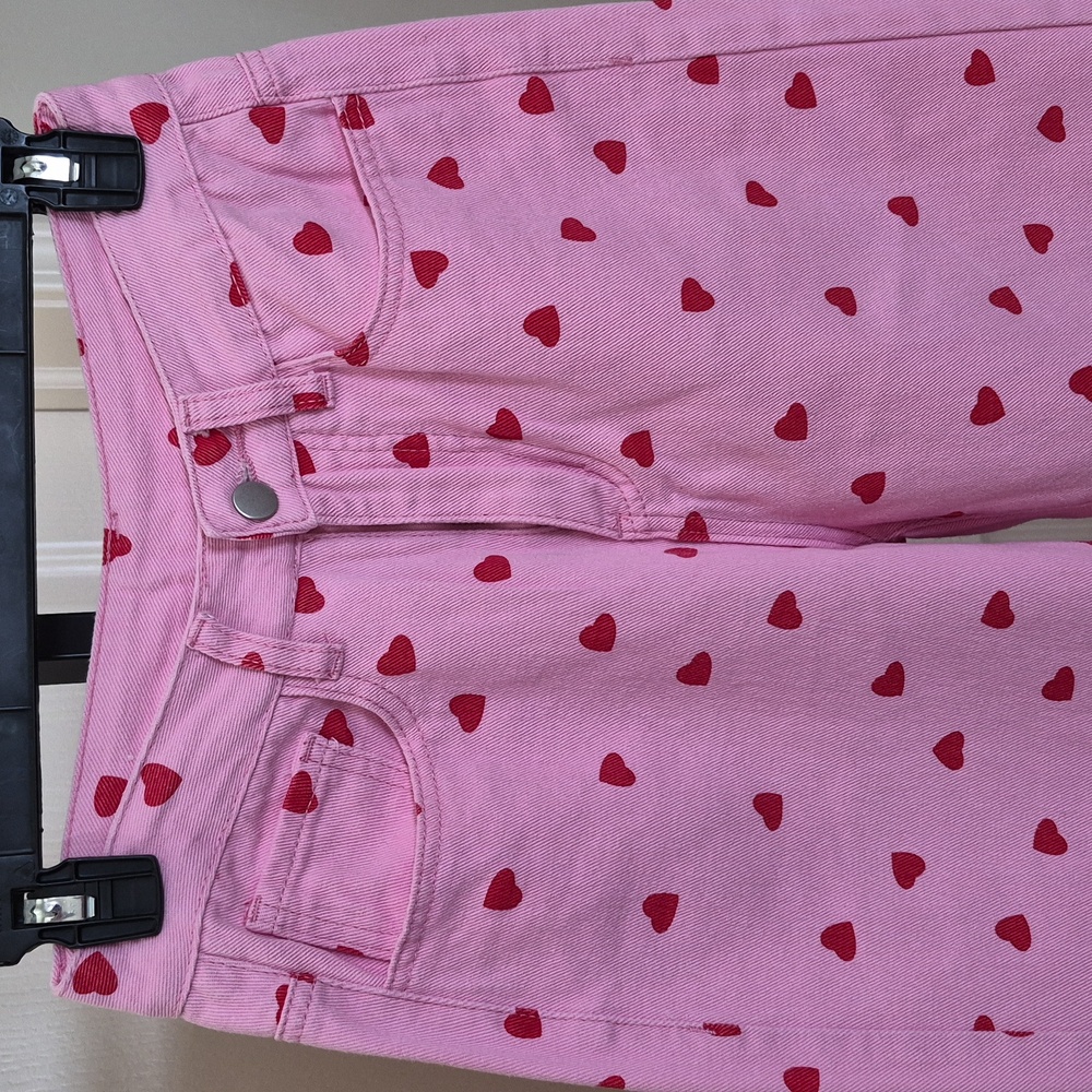 Women's Pink Wide Leg Jeans With Heart Pattern Size XS - Picture 3 of 7